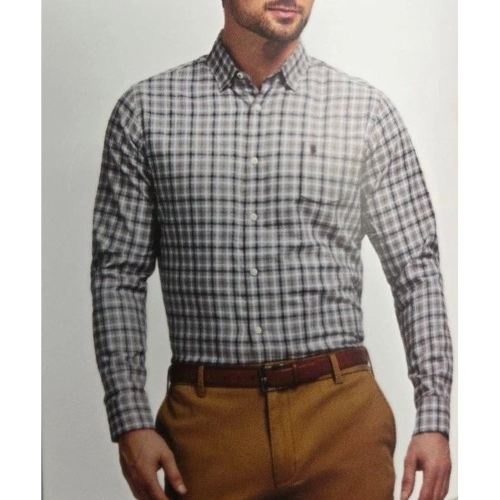 NEW IZOD Luxe Touch Men's XL Modern Fit Plaid Long Sleeve Button Down Shirt Gray